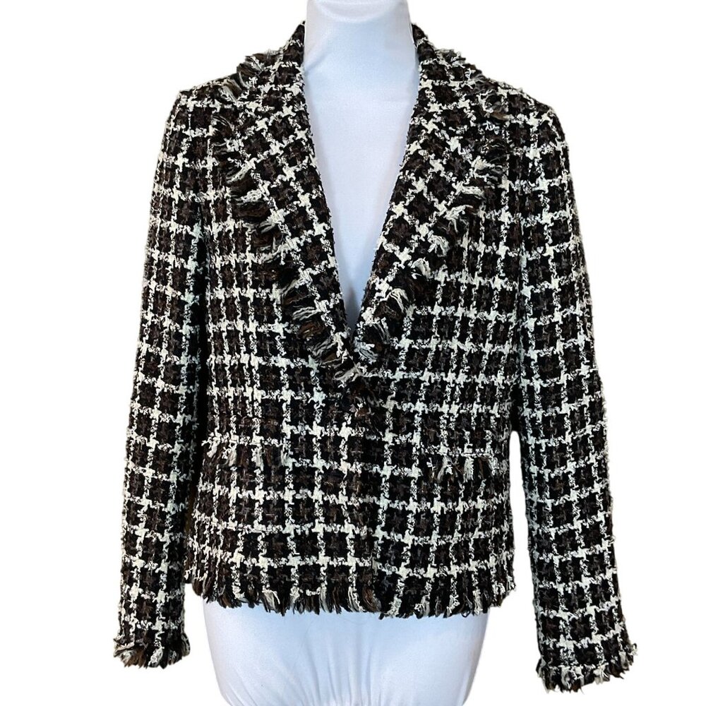 Avenue Montaigne Paris Brown Black Houndstooth Tweed Wool Blend Fringe Jacket 3